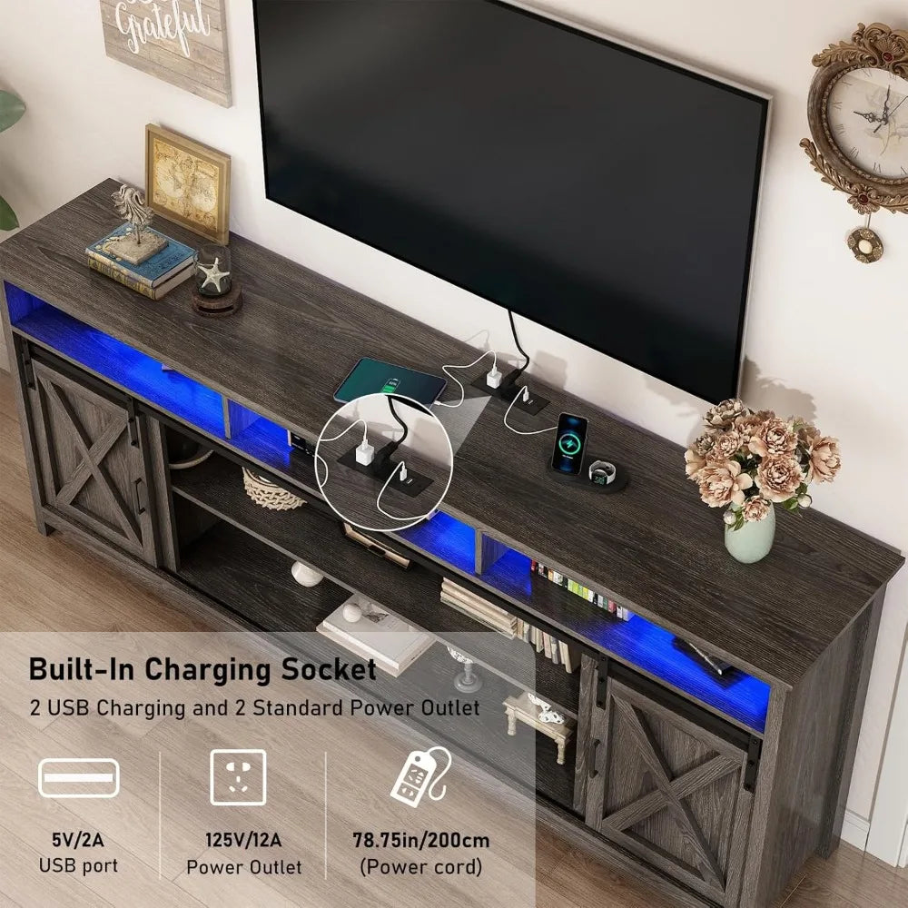 80" LED Farmhouse TV Stand for 90/85/80" TVs, Tall Entertainment Center Storage Cabinets w/Power Outlets and Sliding Barn