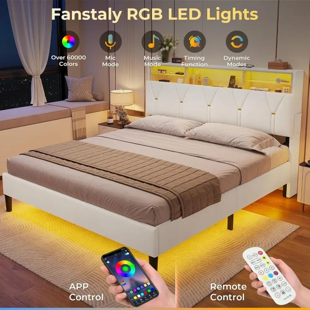 Queen Bed Frame with Storage Headboard and LED Lights, Velvet Upholstered Platform Bed Queen Size with Type-C & USB Chargers