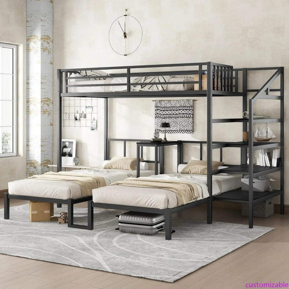Triple Bunk Bed for Three Children, Sturdy with Storage Steps, Desk, and Safety Rails