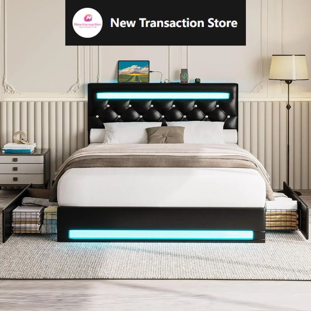 Full Size Bed Frame with LED Light, Leather Platform Bed Frame