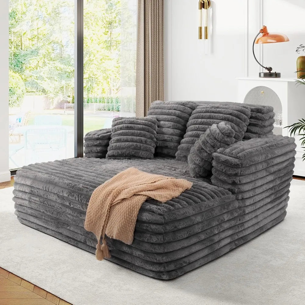 56"W Oversized Chaise Lounge Chair Indoor,Plush Faux Fur Sleeper Sofa Couch Bed with Pillows &Wide Armrest, Fluffy Comfy Cloud Soft