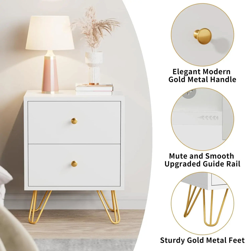 Nightstand Set of 2,, Bedside Table with 2 Drawers, Dual Night Stand Metal Legs and Knobs