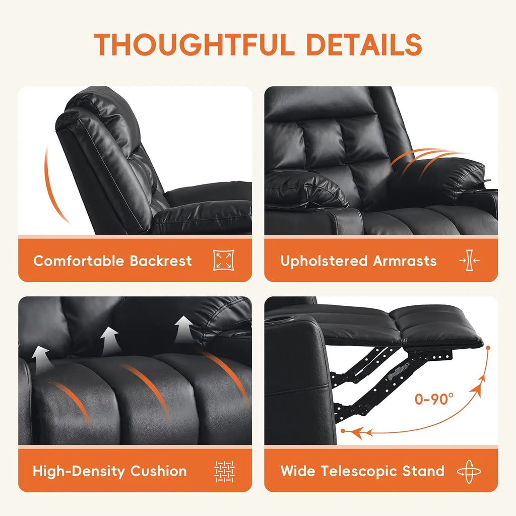 Power Swivel Rocker Recliner Chair for Adults with Massage and Heat, USB and Type-C Ports, Infinite Position, Electric Leather