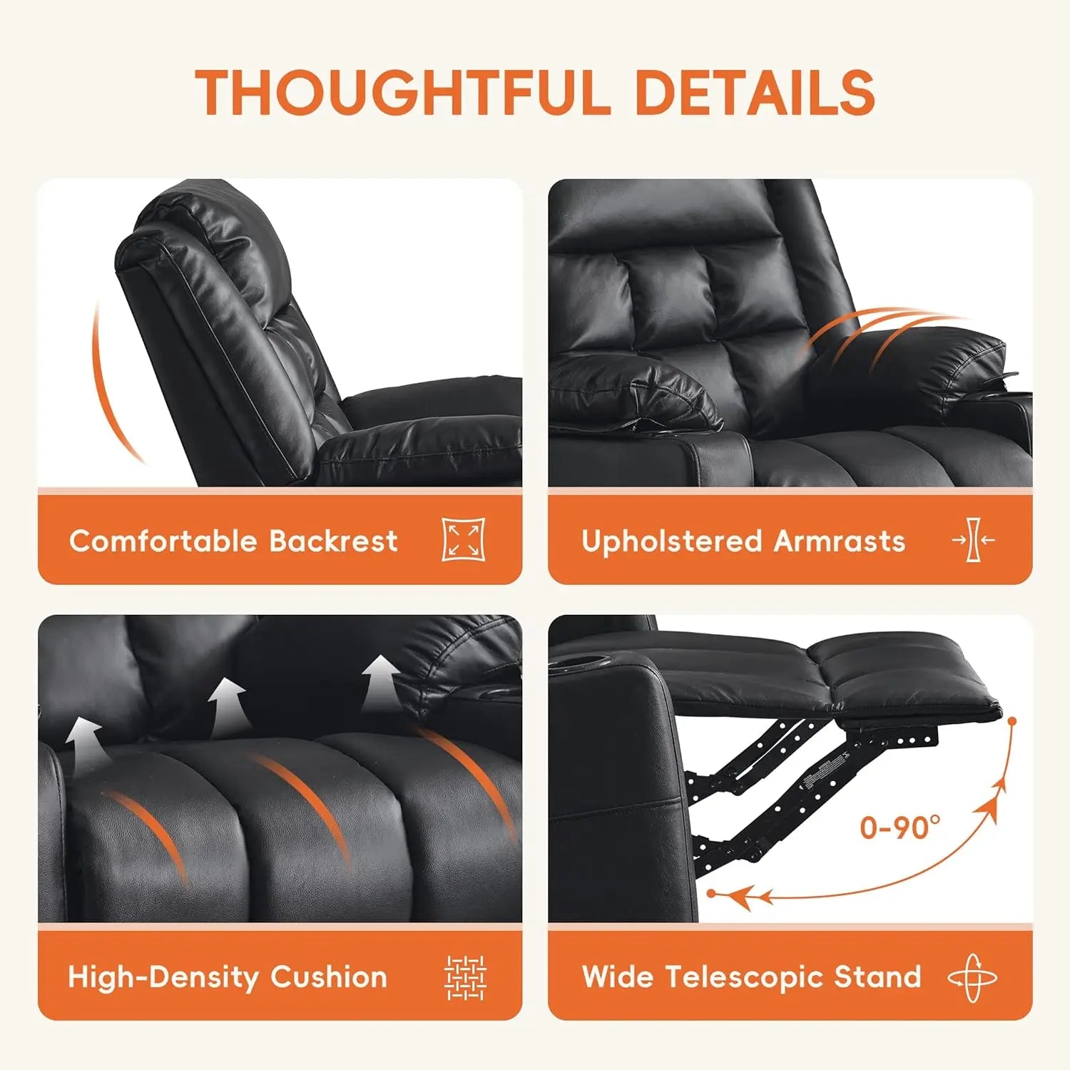 Power Swivel Rocker Recliner Chair for Adults with Massage and Heat, USB and Type-C Ports, Infinite Position, Electric Leather