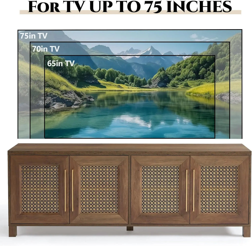 TV Stand for TVs Up to 75", 69.5" Rustic Oak Entertainment Center with 4 Gold Metal Mesh Doors