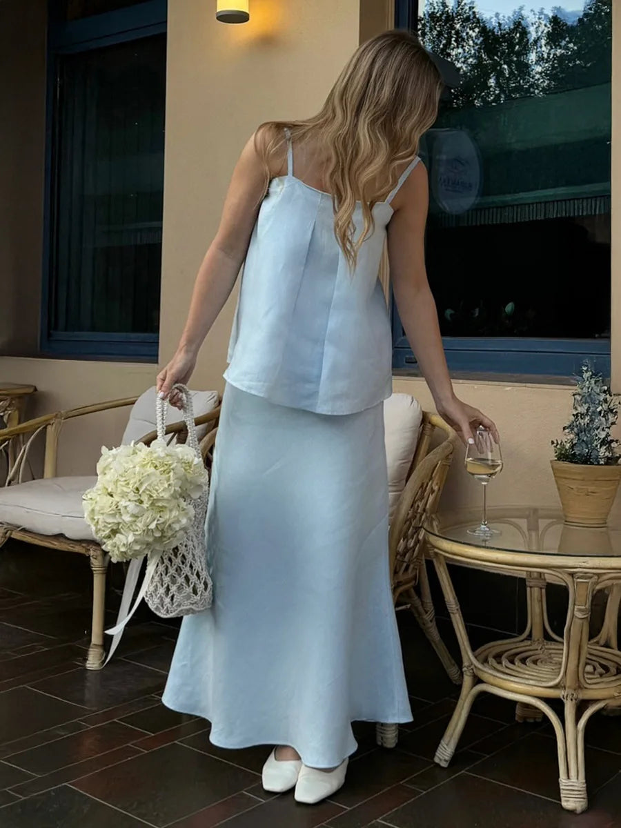 2026 Spring Summer New Cotton Women's Cami Skirt Set Elegant Lazy Cami Mermaid Maxi Skirt Two-Piece Outfit