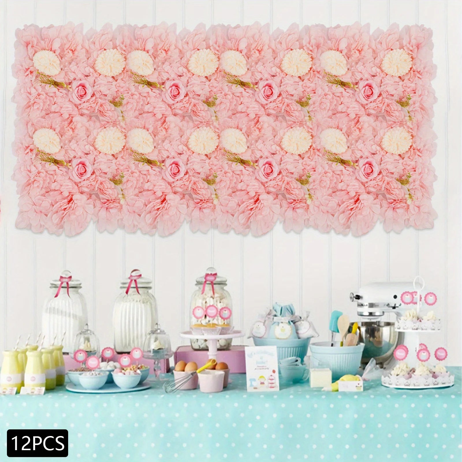 12PCS Flower Wall Panel 3D Artificial Flower Backdrop Wall Silk Hydrangea Rose Floral Panel Flower Wall Mat for Wedding Photo Background Terrace Garden Backyard Decorations Pink