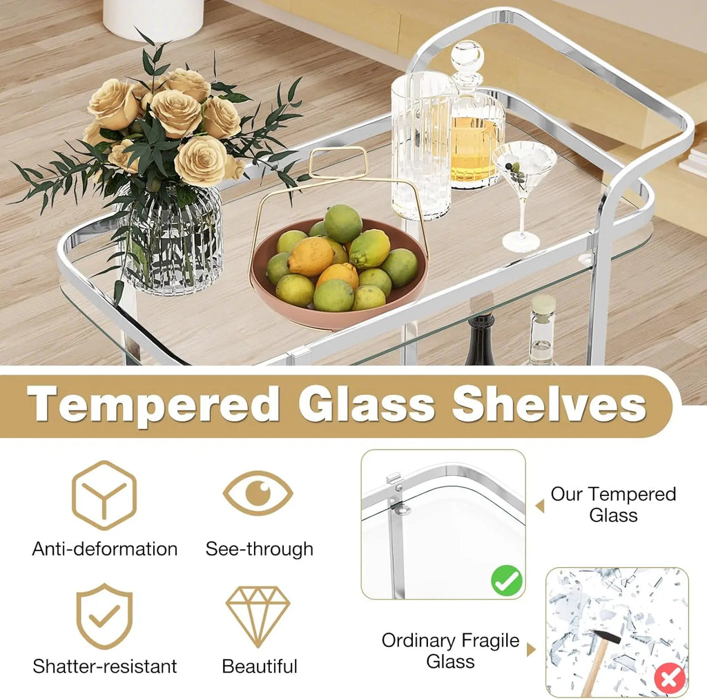 Bar Cart for The Home, 2-Tier Rolling Tempered Glass Serving Cart, 2 Large Gold Aluminum Wheels, Stainless Steel Frame