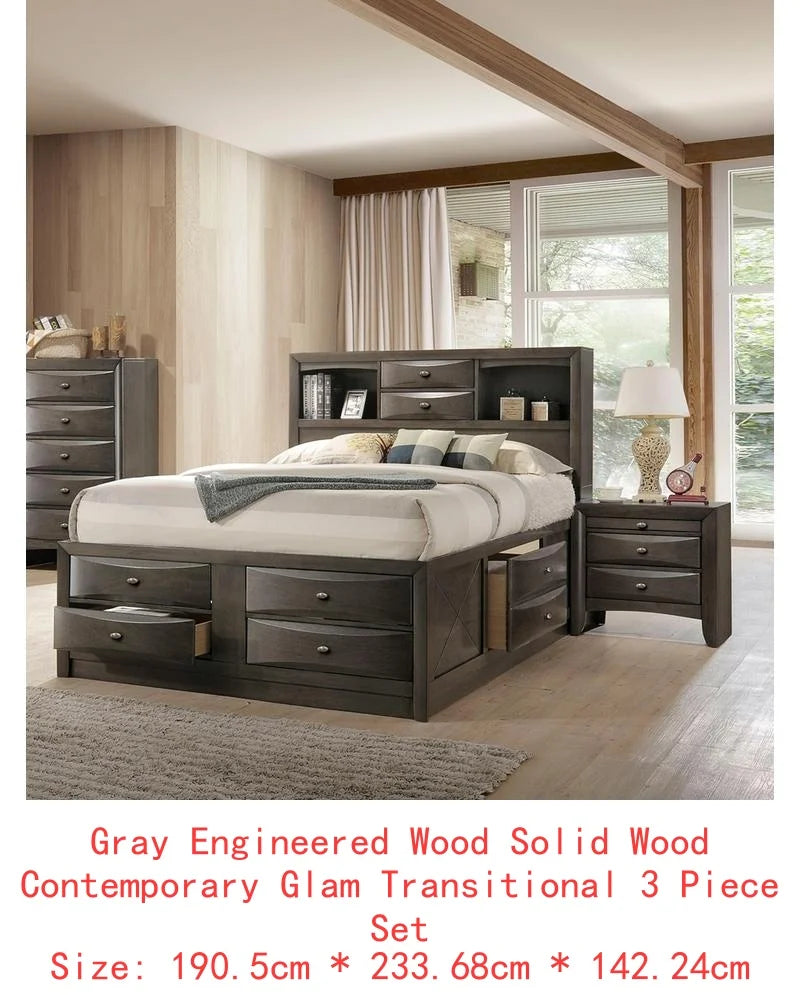 Contemporary King Size Bed with Footboard Drawers & Headboard Bookcase in Cherry Finish
