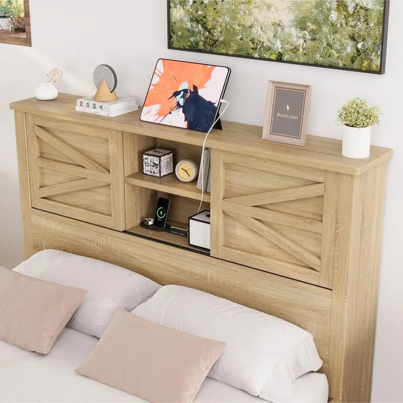 3-Piece Full Size Bedroom Set with Farmhouse Platform Bed, Double Sliding Door Storage Headboard with Charging Station,