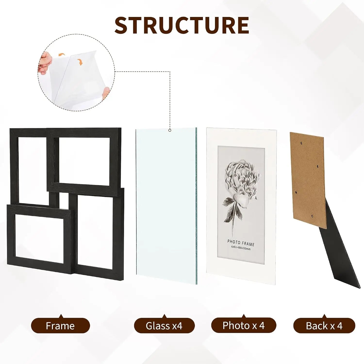 4PCS/Set  4x6 Inch Collage Picture Frame Wall Decor Set/Home /Living Room Wall Hanging Photo Frames/ Multi-Photo Display with Glass Front/ Wedding Party Home Decoration