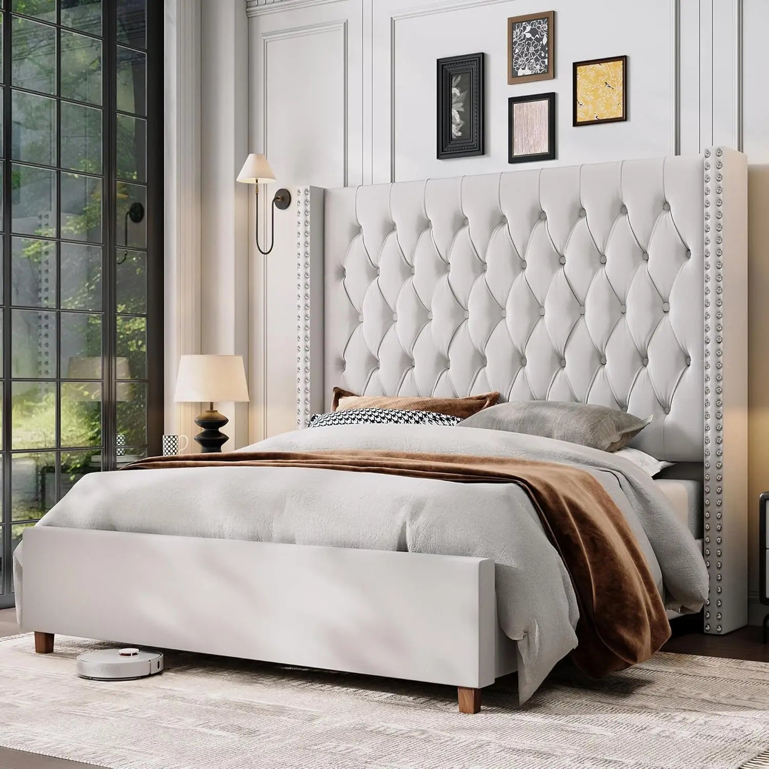 Queen Size Bed Frame with 61.4'' Tall Headboard, Velvet Upholstered Wingback Platform Design, Handcrafted Pleats