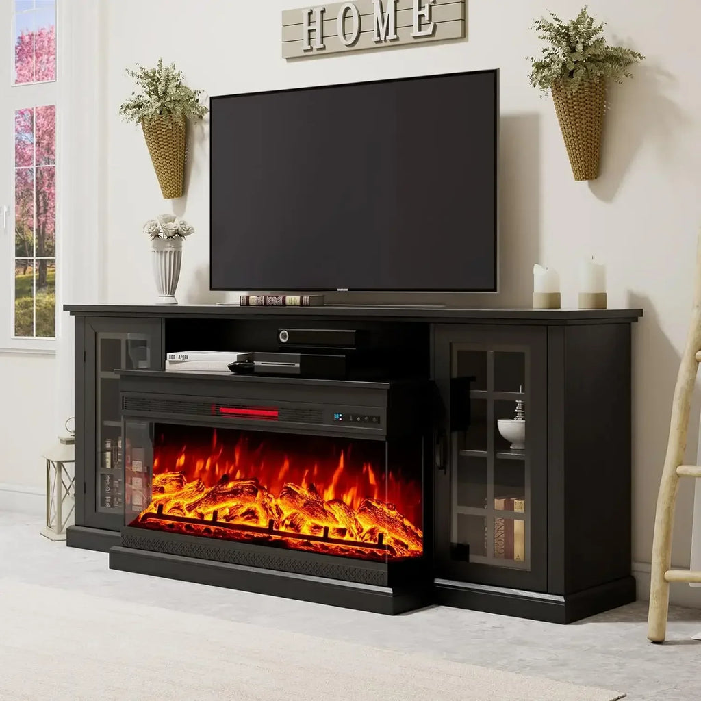 75" Fireplace TV Stand with 3-Sided Glass Electric Fireplace, Media Entertainment Center , TVs up to 85", Black