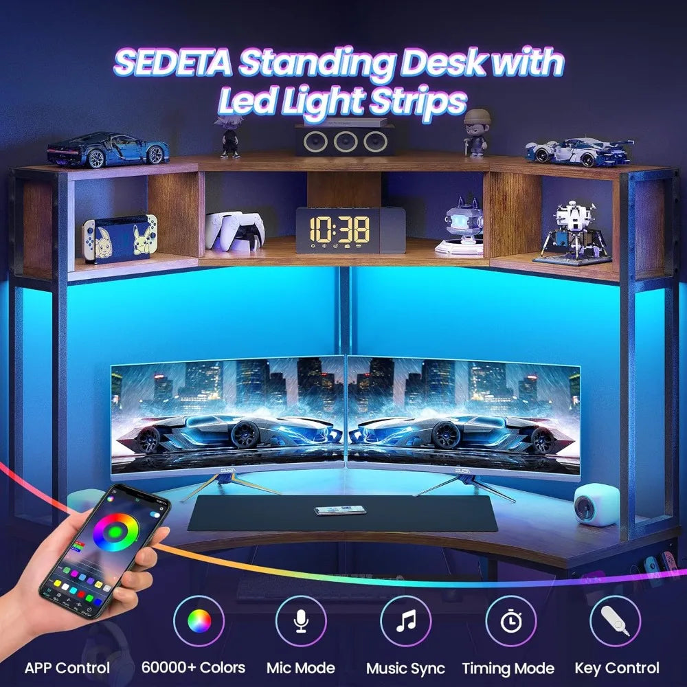 Compact Corner Desk with Integrated Hutch, LED Lighting, and Triangle-Shaped Keyboard Tray for Enhanced Storage and Ergonomics