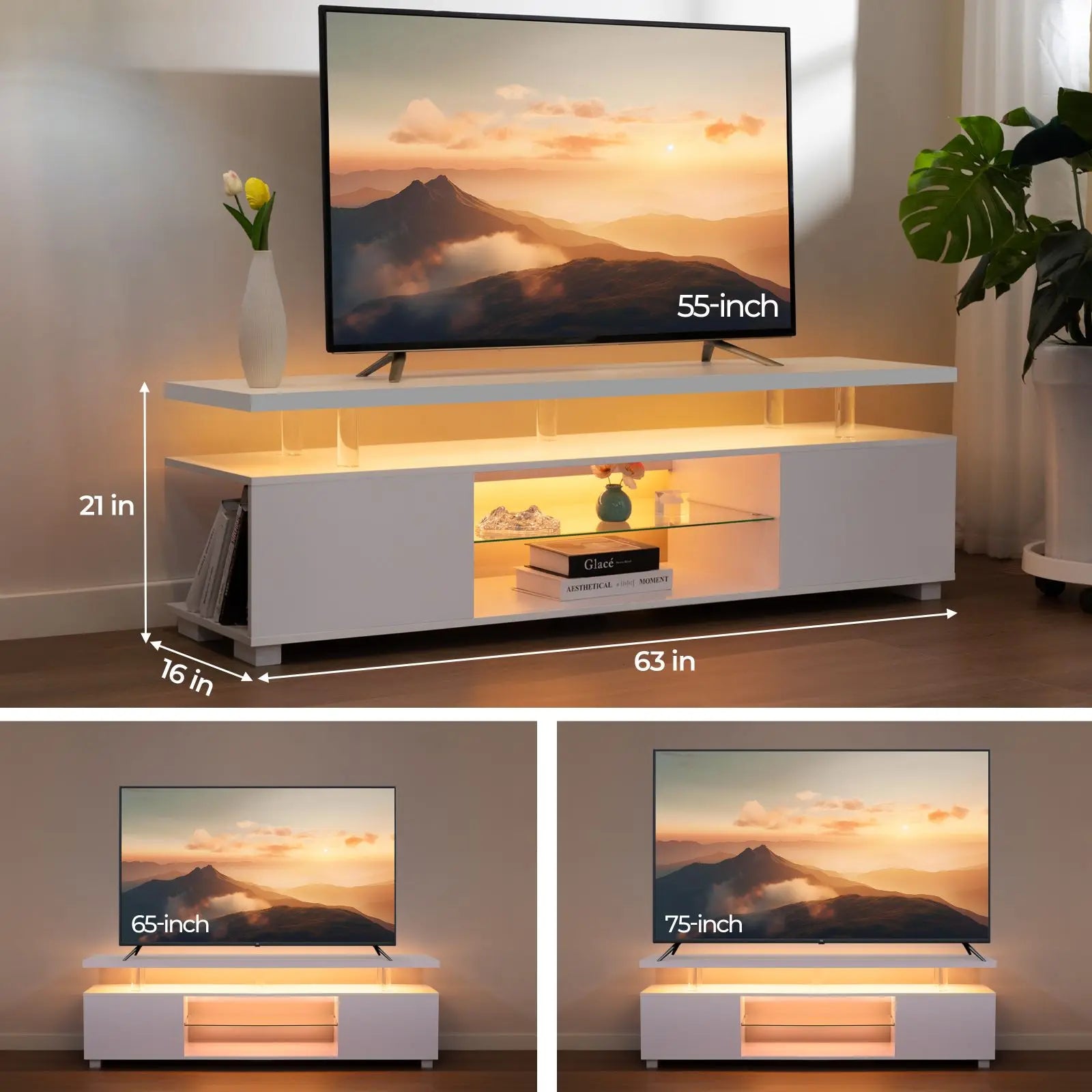 Cubehom LED TV Stand White Entertainment Center, Gaming Center for 60- 65inch TV with Storage, TV Stands for Gaming/ Living