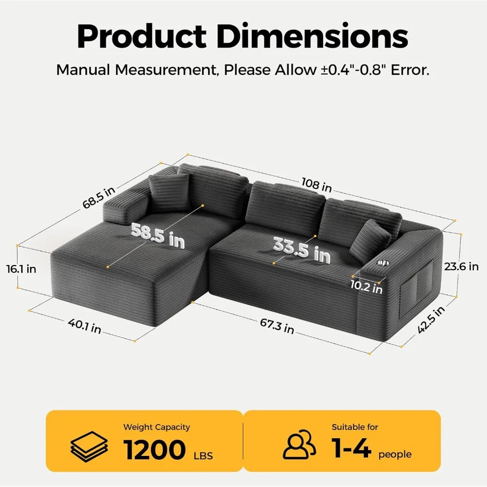 Compressed Modular L-Shaped Sofa with Deep Seating, Cloud Sectional Couch in a Single Box, Corduroy Fabric