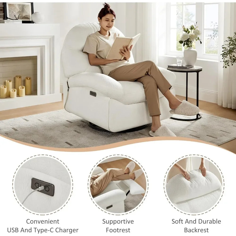 Power Recliner Chair with USB And Type-C Charging 270° Swivel Glider Rocker Electric Nursery Recliner for Living Room/ Bedroom