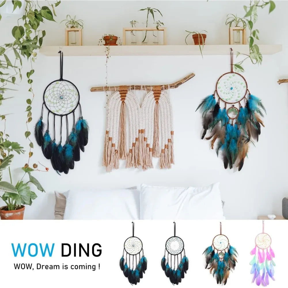 Luminous Beaded Dream Catcher Handmade with Blue Feathers and String Art Wall Hanging for Bedroom Decor Kids Teens Boys Girls Nursery Ornament Good Luck Gift for Birthday Christmas Home Decoration Boho Chic