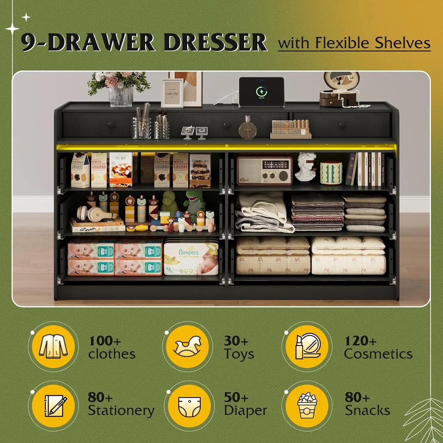 9 Drawer Led Dresser for Living/ Bedroom, Black Wood with Power Outlets for 65'' TV,