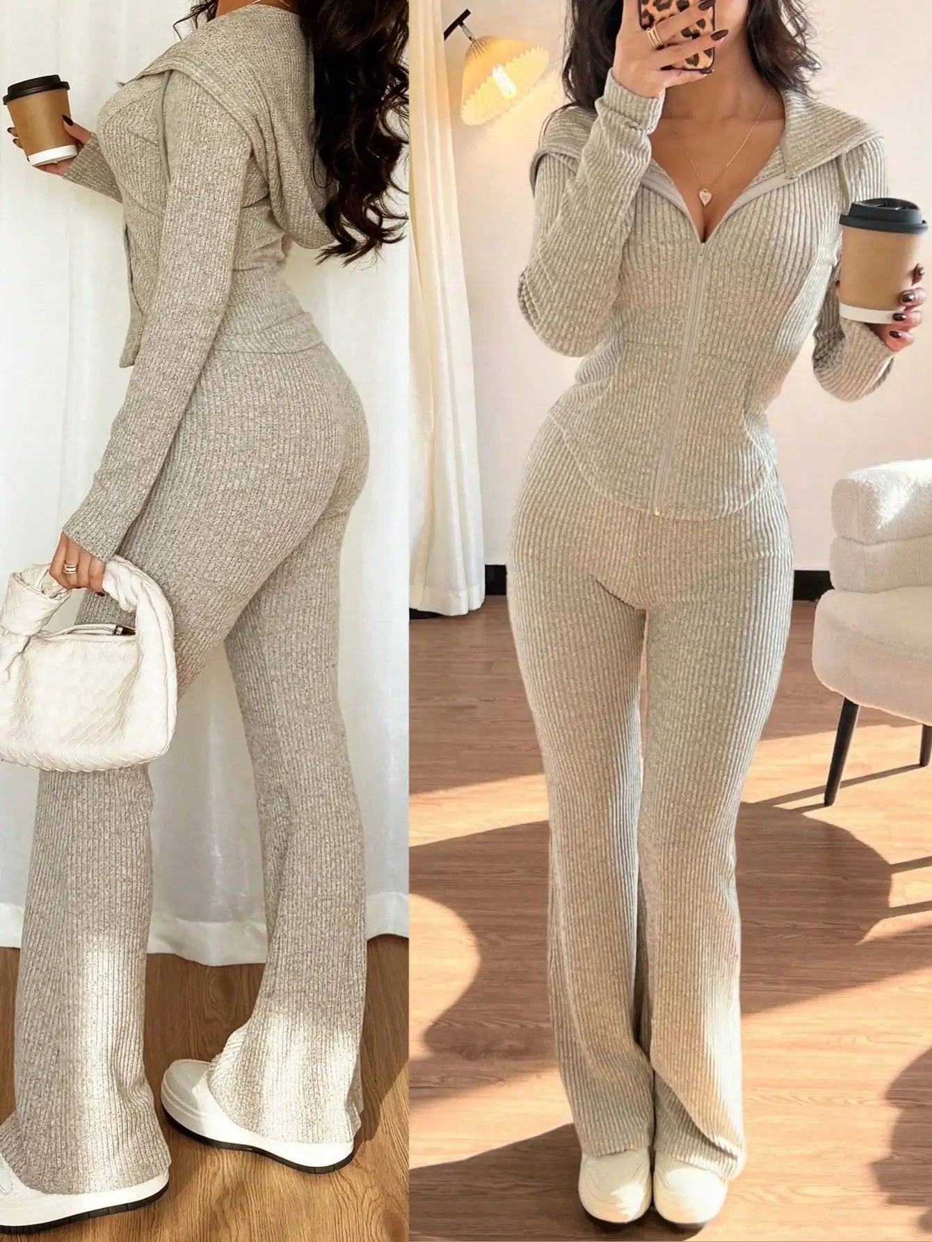 Women's Ribbed Knit Hooded Zip-Up Sweatshirt & Flare Pants/ 2-Piece Set for Autumn/ Winter/ Casual Wear