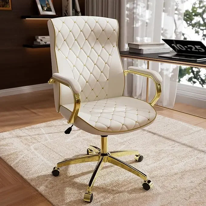 Mid-Century Style High-Back Swivel Office Chair with Soft Leather Upholstery and Padded Armrests