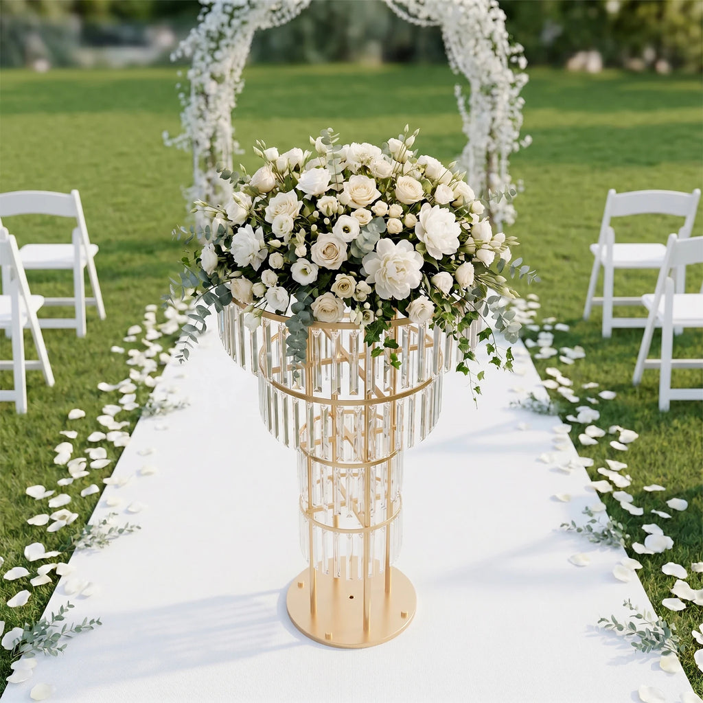 4 Tier Round Gold Electroplated Iron Crystal Flower Stand/ Freestanding 90cm Acrylic Floral Pedestal Holder/ Heavy 8kg Load Wedding Table Centerpiece Decor/ Easy Assemble/ Detachable Display Rack for Birthday/ Baby Shower/ Va
