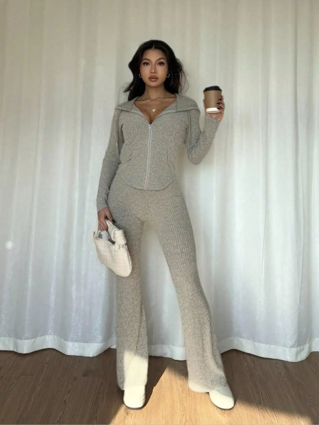 Women's Ribbed Knit Hooded Zip-Up Sweatshirt & Flare Pants/ 2-Piece Set for Autumn/ Winter/ Casual Wear