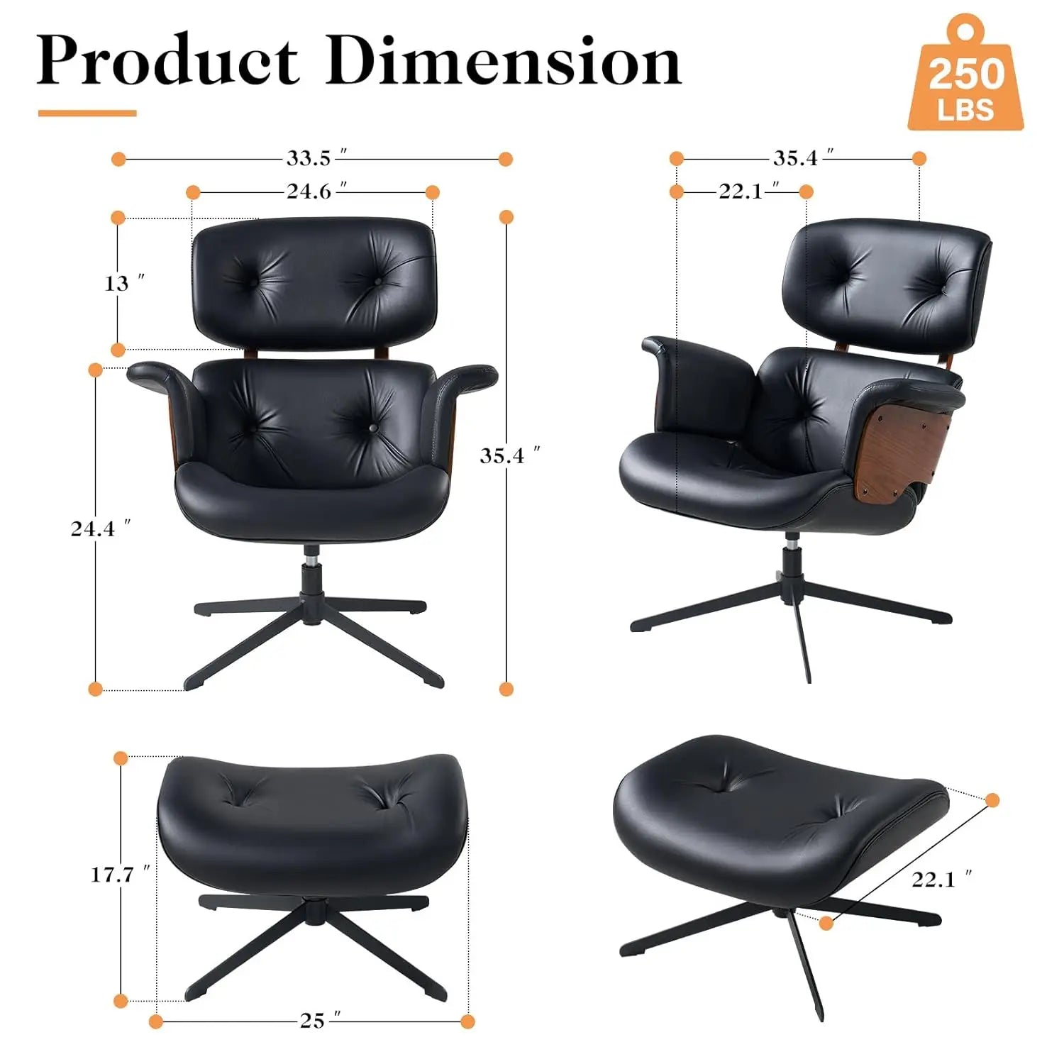 Mid Century Reclining Swivel Chair with Ottoman, Ergonomic Armchair with Comfy Cushion, Walnut Wood Base, PU Leather