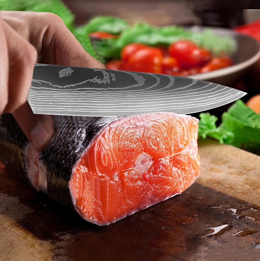 Kitchen Knife Set 15-Piece With Wooden Block, Laser Damascus Pattern Steel Professional Chef's Knife, With Scissor Sharpening Rod