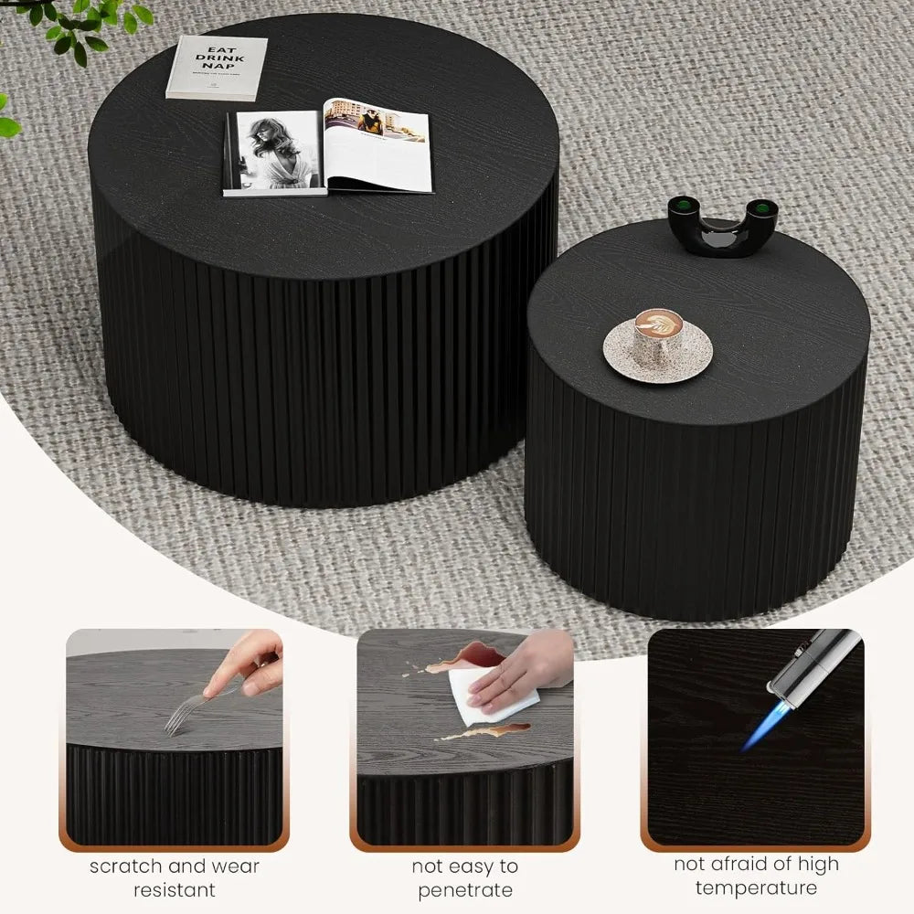 Modern Circle Nesting Coffee Table Set - Handcrafted Drum Style Tables for Living Room