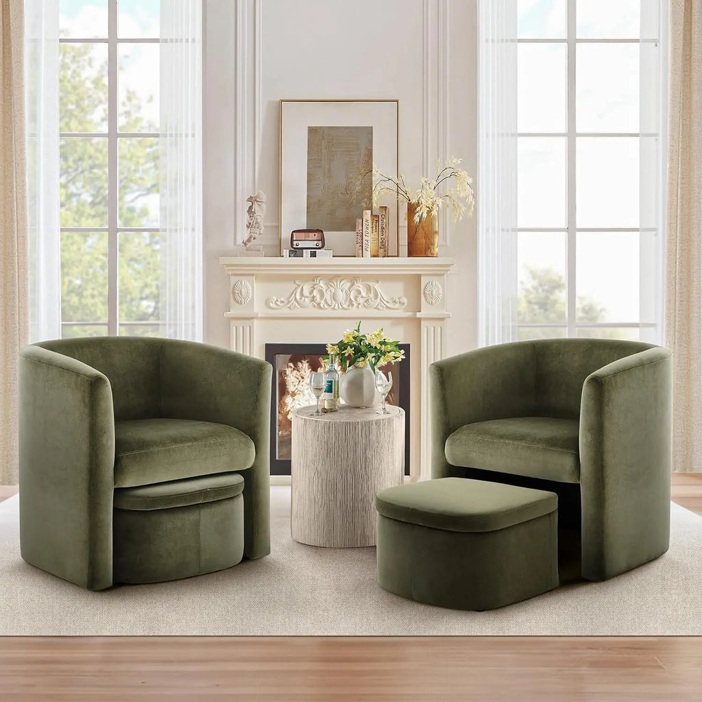 Upholstered Velvet Barrel Accent Chair with Storage Ottoman