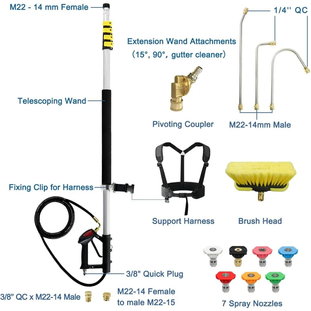 Aluminum Telescoping Pressure Washer Wand 24 Feet with 2 Extension Wands, Gutter Cleaner, and 7 Nozzles