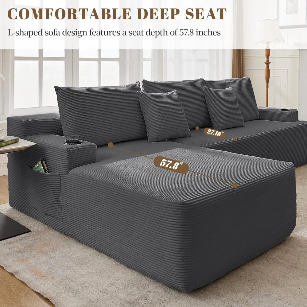 Cloud Sectional Couch Corduroy L-Shape Chaise Modular Sofa Deep Seat Boneless Couch Upholstered Living Room Furniture
