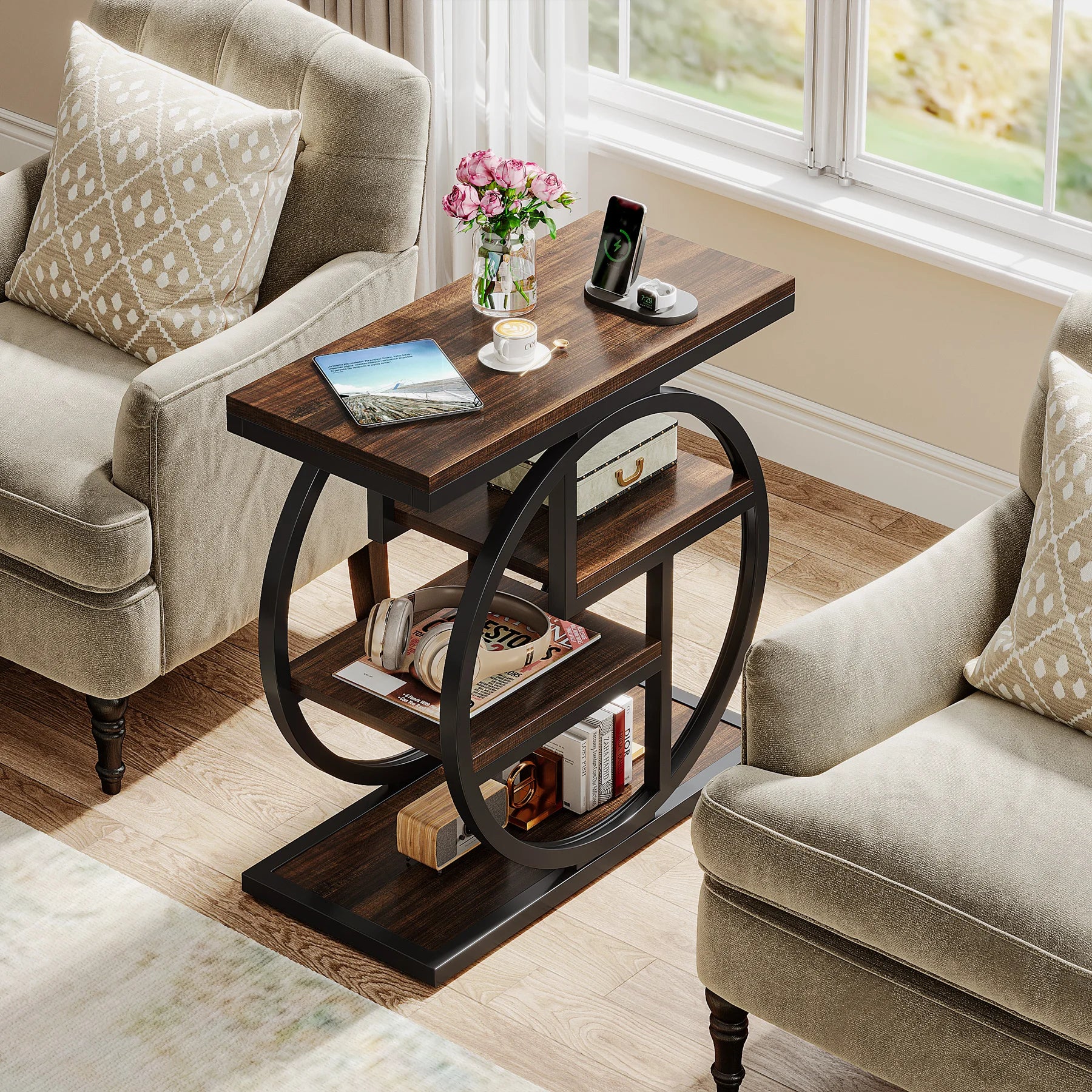 End Table for Living Room and Bedroom, 4-Tier Narrow Side Table with Storage Shelves