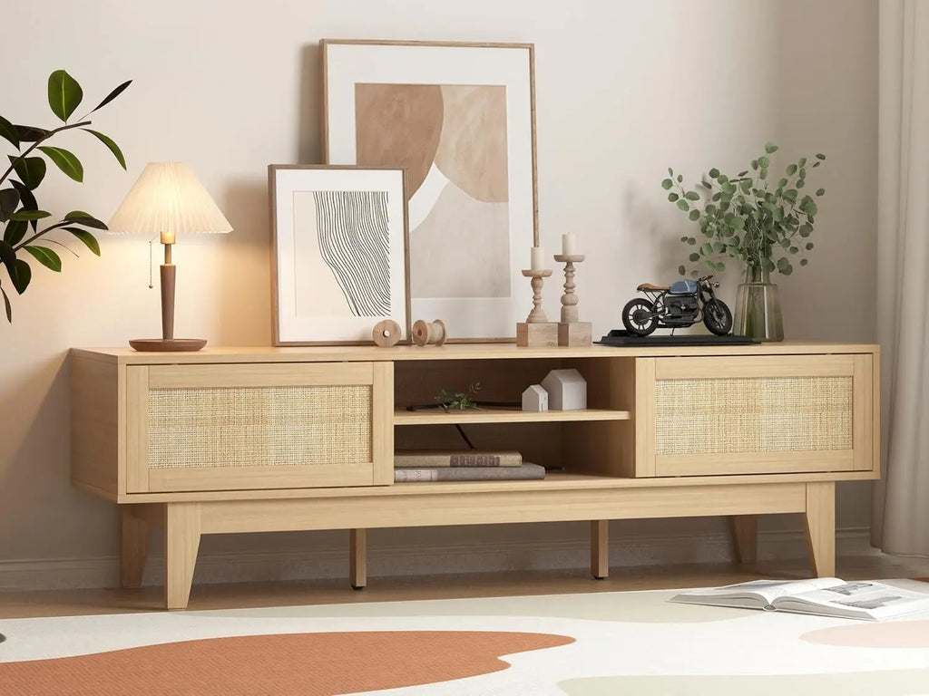 Boho TV Stand for 55/ 65" Inch TV, Rattan Entertainment Center with Shelves, Cabinets and Sliding Doors, TV Media Console Table