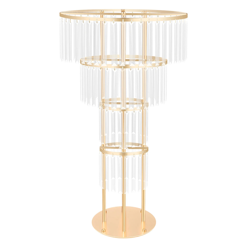 4-Tier Gold Crystal Flower Stand, 35.4" Wedding Centerpiece w/ Round Base, Hanging Acrylic Pendants, Electroplated Iron Frame