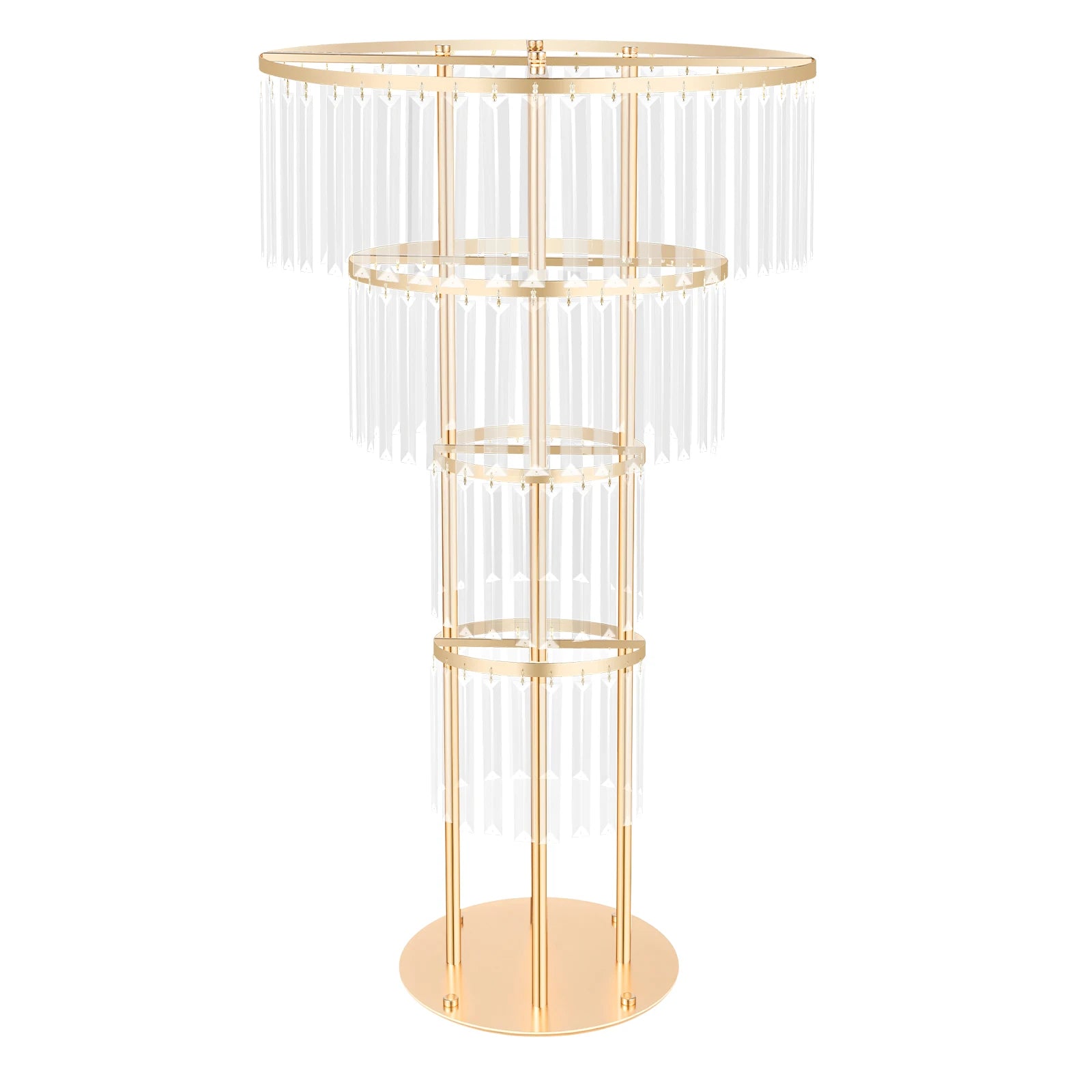 4-Tier Gold Crystal Flower Stand, 35.4" Wedding Centerpiece w/ Round Base, Hanging Acrylic Pendants, Electroplated Iron Frame