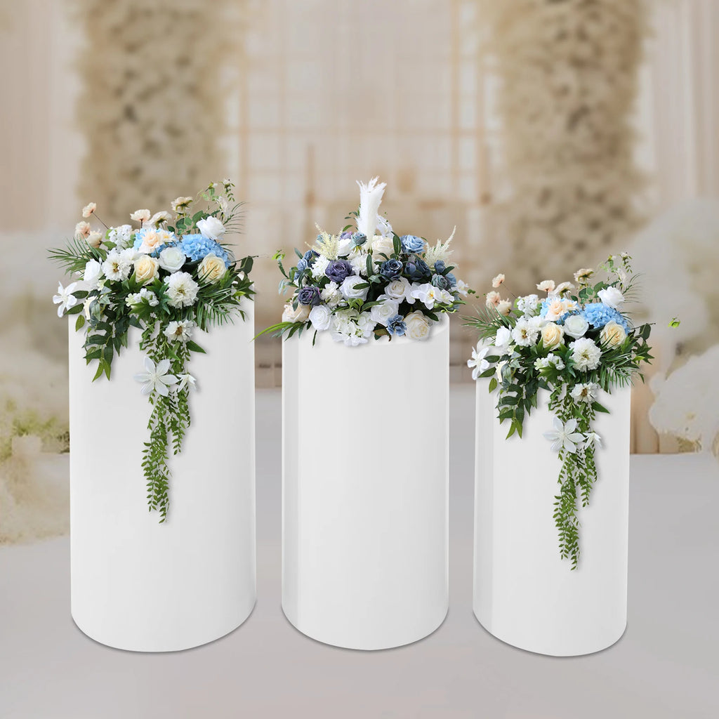 3 Pcs Cylinder Pedestal Stands Cake Cylinder Stands White Elegant Pedestal Display Rack for Parties and Events 19.68inch/21.65inch/23.62inch