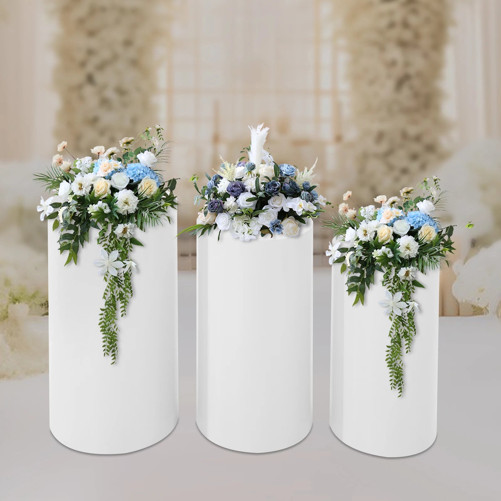 3 Pcs Cylinder Pedestal Stands Cake Cylinder Stands White Elegant Pedestal Display Rack for Parties and Events 19.68inch/21.65inch/23.62inch