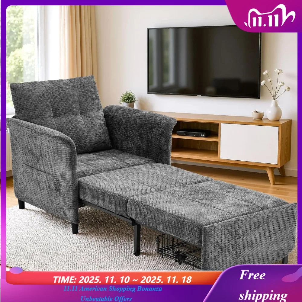 Adjustable Backrest Convertible Sleeper Chair/ Long Chair Bed/ 4-in-1 Pull out Lounge Chair/ 500 LBS Load Bearing Single Sofa