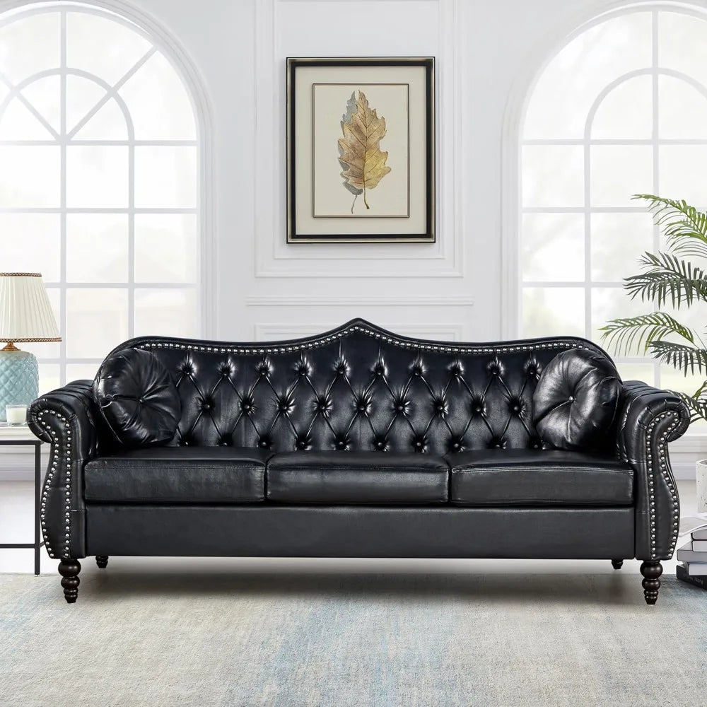 Chesterfield Three Seater Sofa, Mid-Century Modern Faux Leather 3-Seater Upholstered Couch, Tufted Living Room Sofa with 2 Pillows