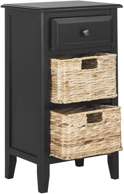 Distressed Black Side Table with 1 Drawer and 2 Removable Baskets