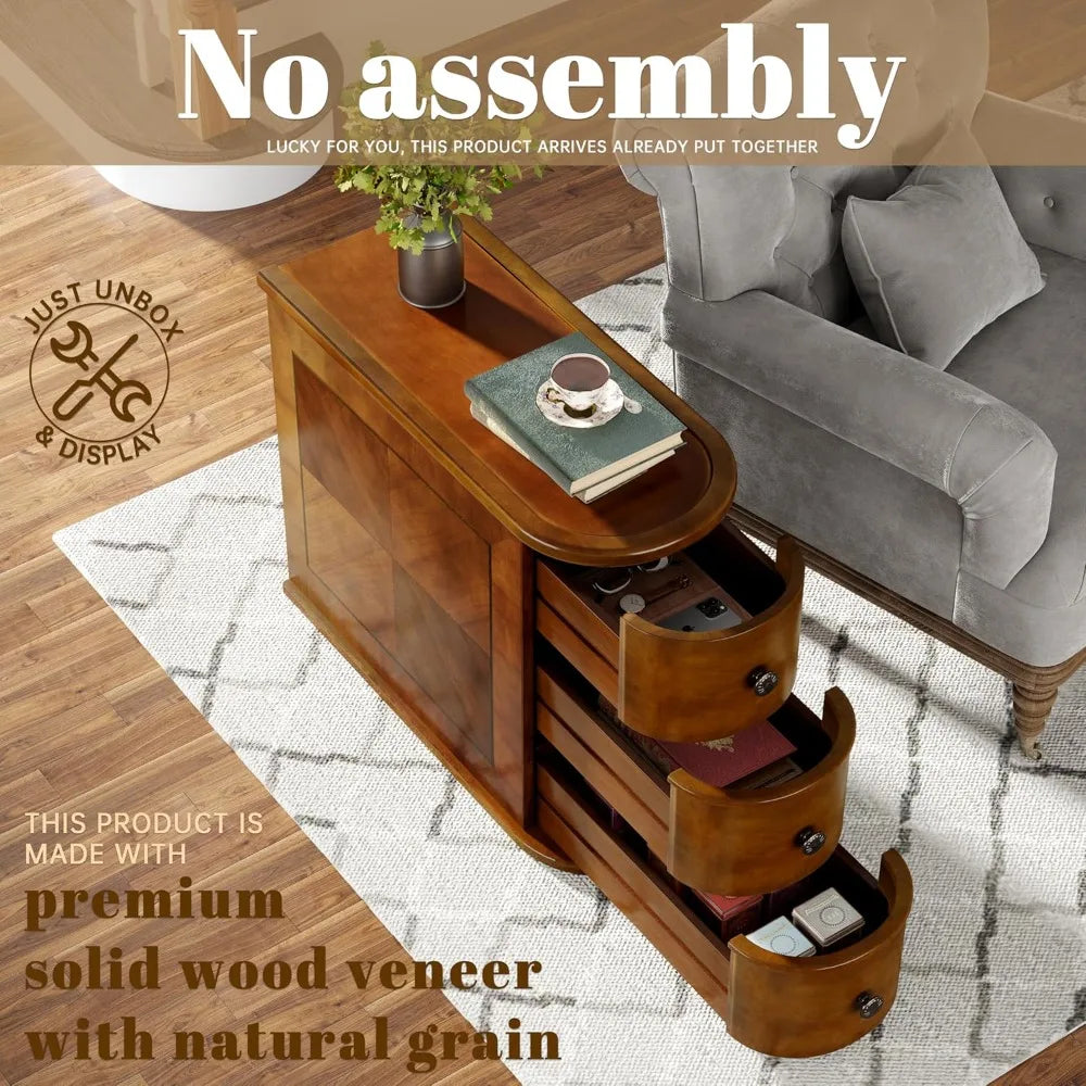 3 Drawers Wood End Table, No Assembly Required, Narrow Sofa Side Table for Living Room, Vintage Slim Nightstand, Bedside Table