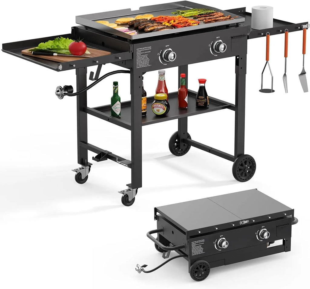 Flat Top Gas Grill-31.5 Inch Outdoor Propane Griddle, Portable Gas Griddle -45000 BTU Propane Fueled, 3 Burners, Table Top Foldable