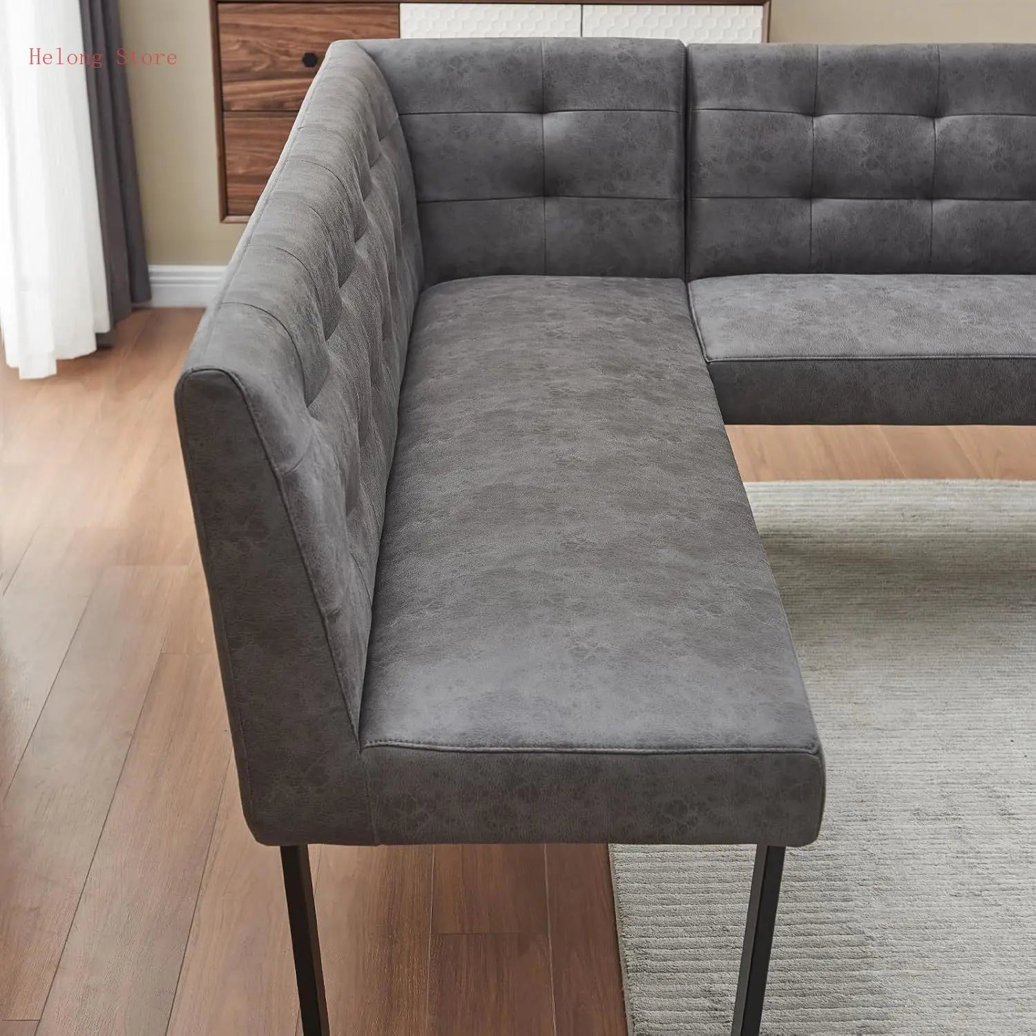 Modern L-Shaped Dining Bench, Vintage Fabric Upholstered Corner Sofa with Metal Legs for Kitchen Nook, Living Room