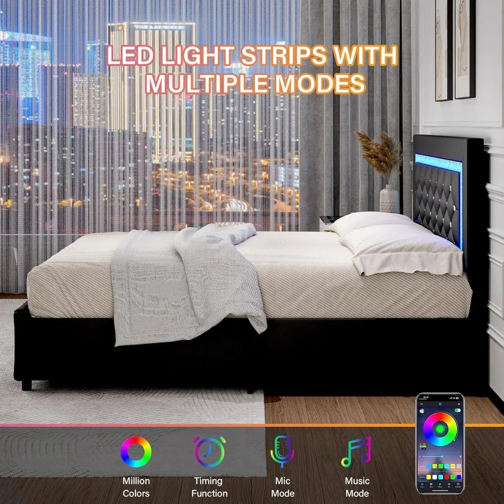 Twin Bed Frame with LED Lights and Storage Drawers, Upholstered Bed Frame with Diamond Headboard, Faux Leather Modern Platform