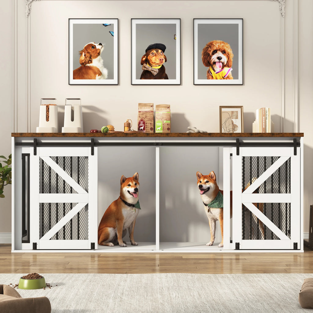 Farmhouse Dog Crate TV Stand, Wooden Dog Kennel Furniture with Sliding Metal Mesh Barn Door, 87'' Large Dog Crate Furniture