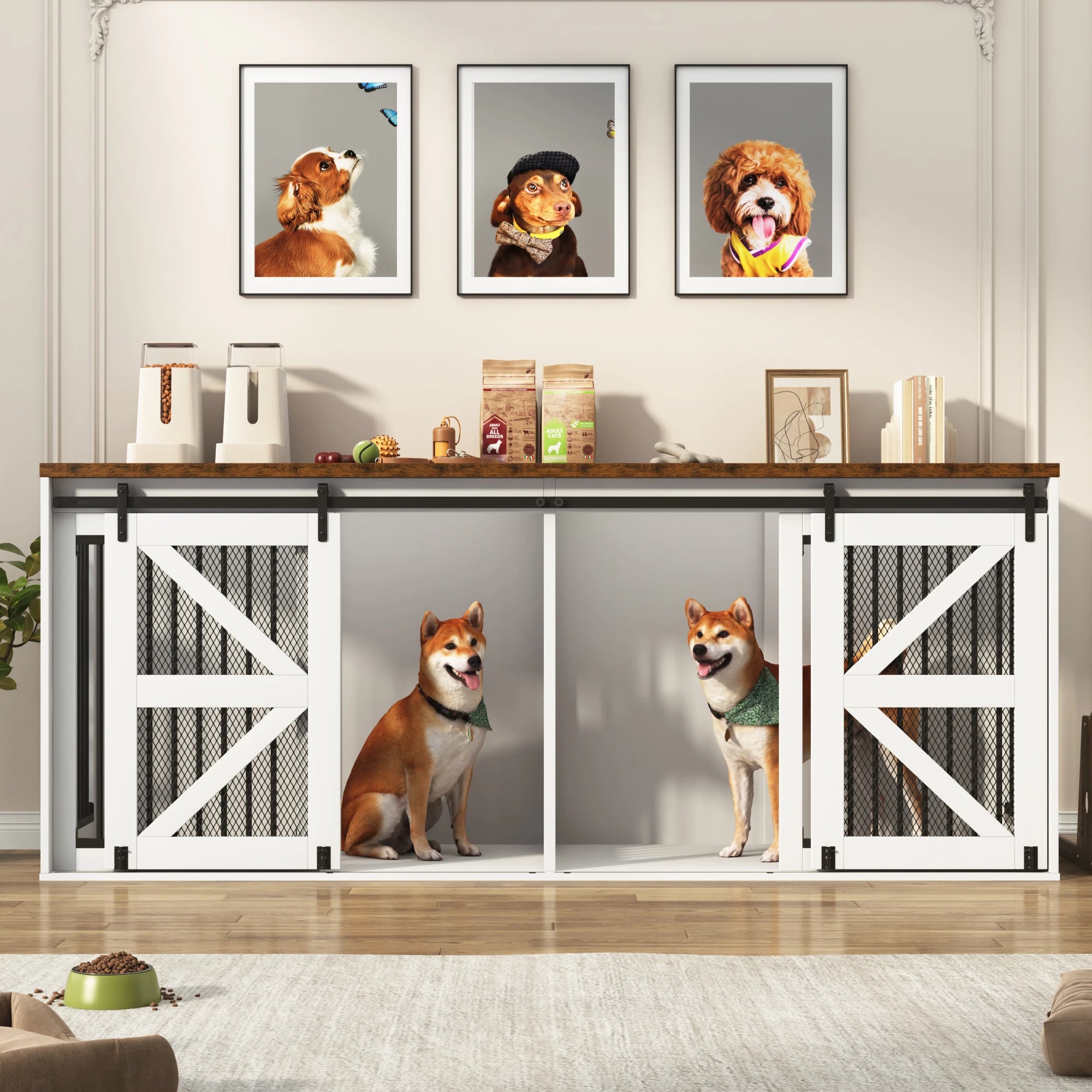 Farmhouse Dog Crate TV Stand, Wooden Dog Kennel Furniture with Sliding Metal Mesh Barn Door, 87'' Large Dog Crate Furniture