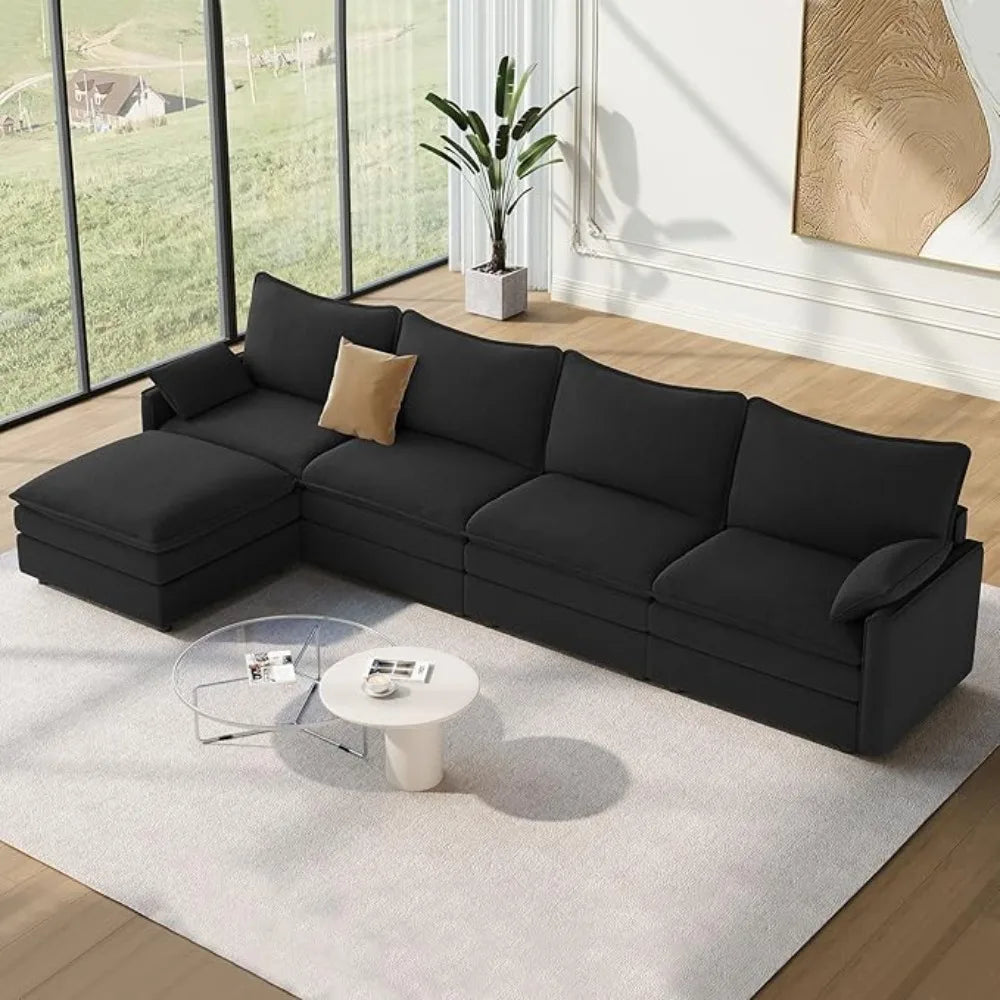 142" Cloud Couch Sectional Modular Sofa, Comfy Sectional Couch with Ottoman Deep Seat Chenille L Shaped Sofa, Modular Couches