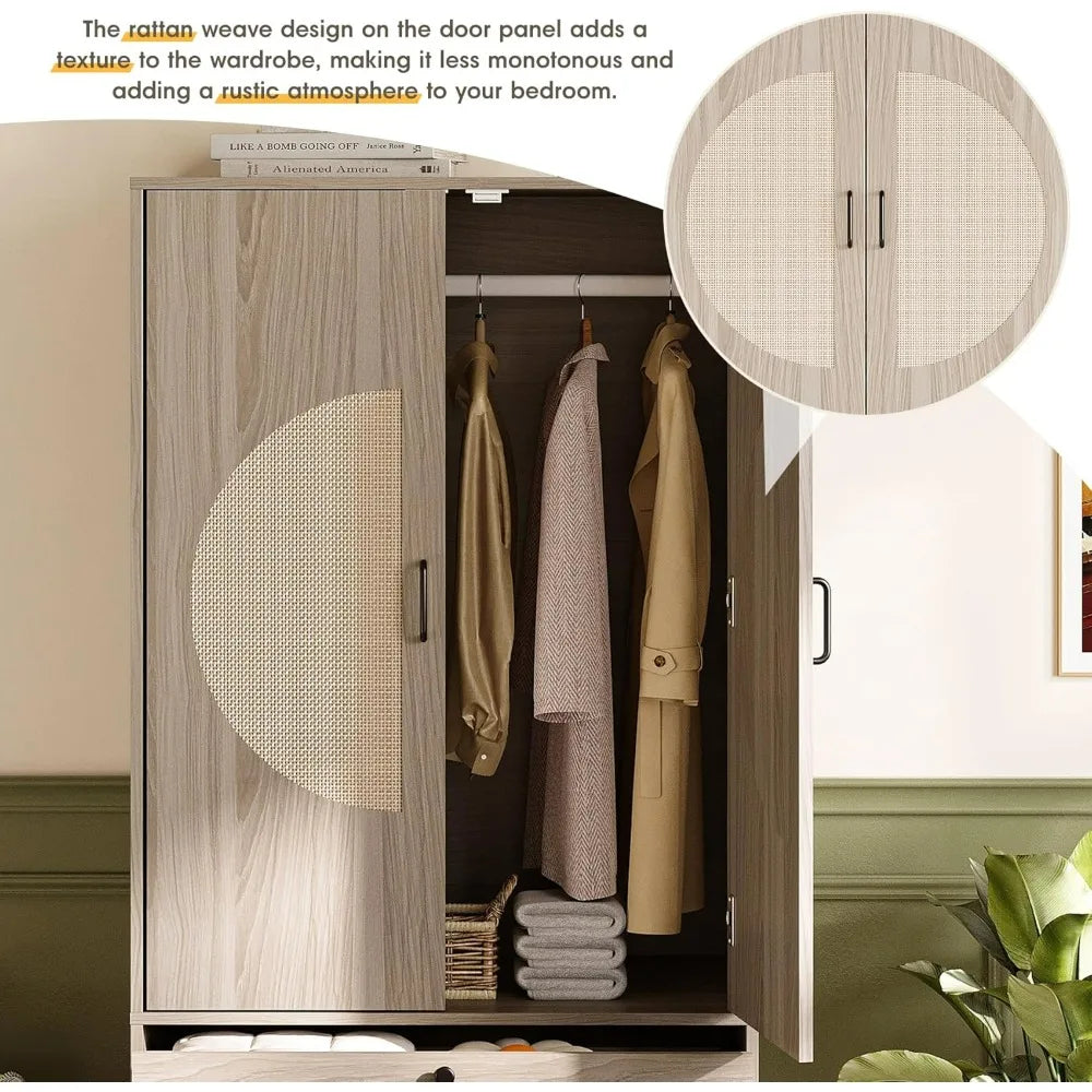 Large Wooden Boho Wardrobe with 2 Drawers, 65" High, Rattan Door Accents, and Hanging Rod for Bedroom